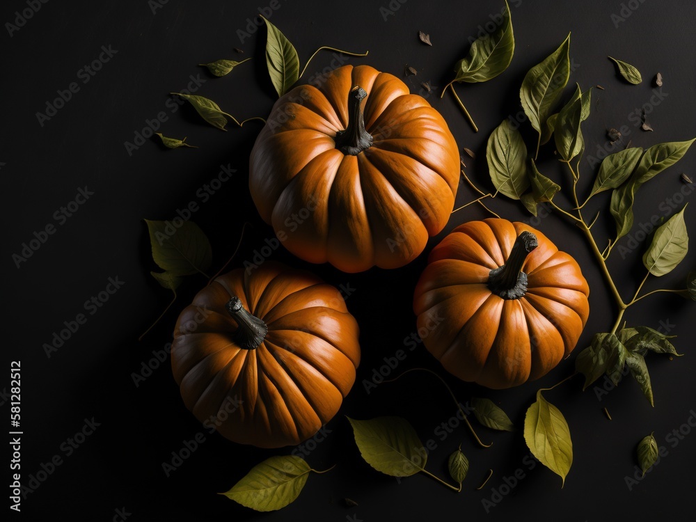 Three pumpkins flat-lay with green leaves, Generative AI Three pumpkins flat-lay with green leaves, Generative AI