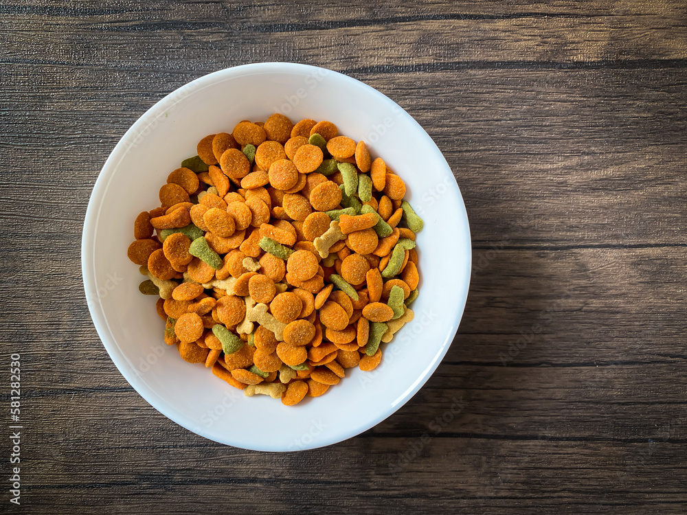 Dog food ready to eat on the wood background Dog food ready to eat on the wood background