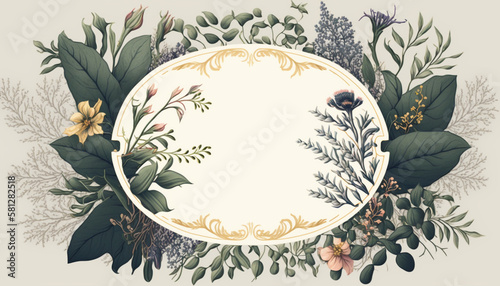 Delicate Botanical Oval Frame with Space for Copy