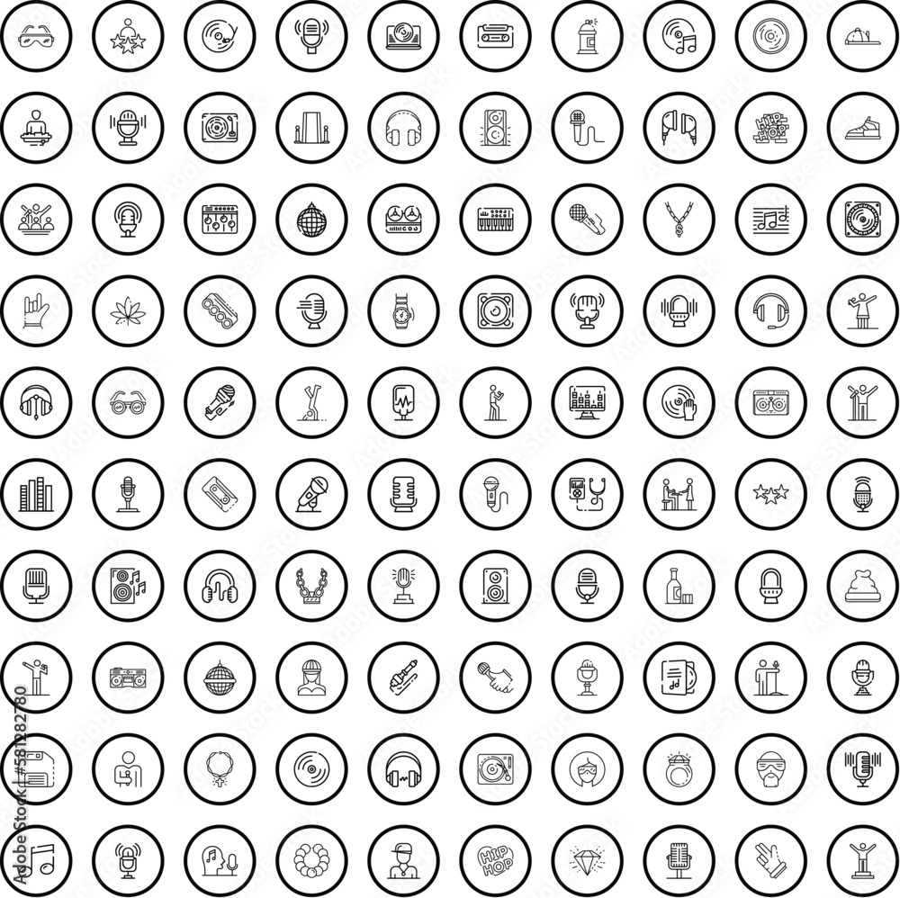 100 music icons set. Outline illustration of 100 music icons vector set isolated on white background 100 music icons set. Outline illustration of 100 music icons vector set isolated on white background