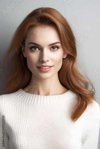 Beautiful smiling ginger haired woman wearing a white sweater on white background, looking at the camera. Generative AI