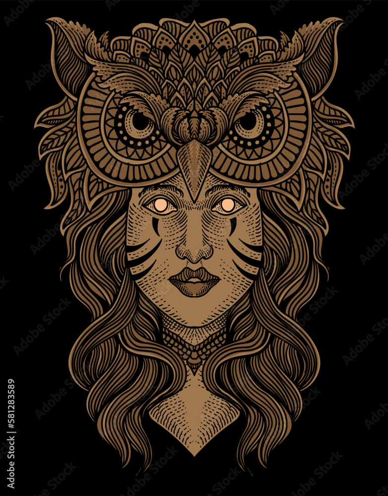 illustration tribal girl with owl head on black background illustration tribal girl with owl head on black background