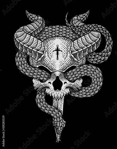 illustration demonic skull with snake on black background