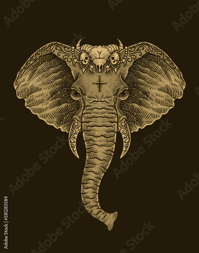 illustration elephant head vintage tribal style