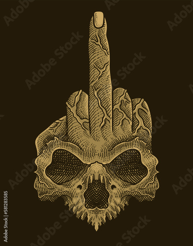 illustration fuck finger skull on black background