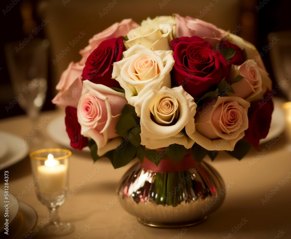 Obraz premium Stunning bouquet of red and white roses in the vase on the table. Luxurious interior, muffled light in the room. Generative AI.