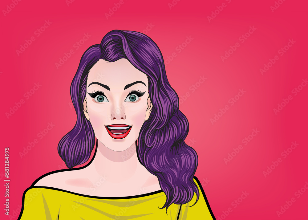 Pop art woman rejoices with red background sexy girl advertising poster Pop art woman rejoices with red background sexy girl advertising poster