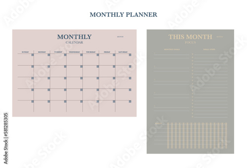 Monthly Planner template. Minimalist planner template set. Vector illustration.	 