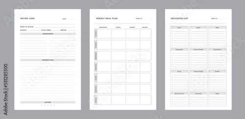 3 set of Recipe Card and Meal Plan and groceries list Planner. List. Memo. template. 