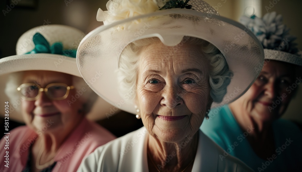 A Joyful Happy Beautiful Easter Display of Diversity: Caucasian White Elderly Women Sporting Easter Bonnets with Confidence and Smiles, Symbolizing Unity and Acceptance (generative AI)