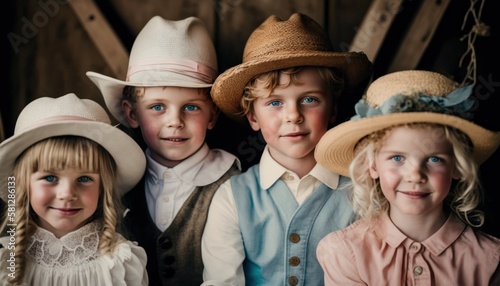 A Joyful Happy Beautiful Easter Display of Diversity: Caucasian White Kids Boys and Girls Sporting Easter Bonnets with Confidence and Smiles, Symbolizing Unity and Acceptance (generative AI)