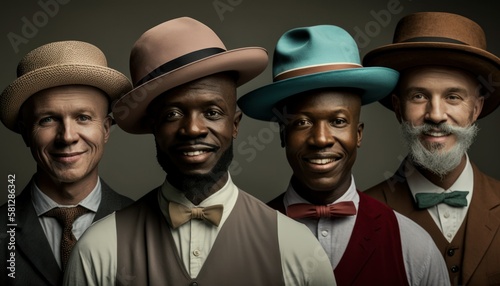 A Joyful Happy Beautiful Easter Display of Diversity: Multiracial Men Sporting Easter Bonnets with Confidence and Smiles, Symbolizing Unity and Acceptance (generative AI)