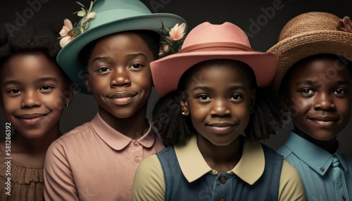 A Joyful Happy Beautiful Easter Display of Diversity  African American Black Kids Boys and Girls Sporting Easter Bonnets with Confidence and Smiles  Symbolizing Unity and Acceptance  generative AI 