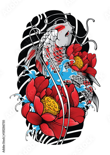 Koi Fish with Japanese Wave and Flowers Tattoo Japanese Illustration Style Isolated Vector. Editable Layer and Color.