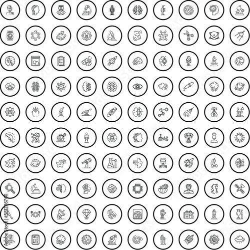 100 science icons set. Outline illustration of 100 science icons vector set isolated on white background