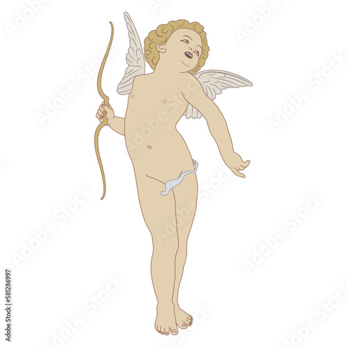 Standing Cupid or Amur holding a bow. Ancient Greek god of love Eros as a winged Putto angel child. Isolated vector illustration.