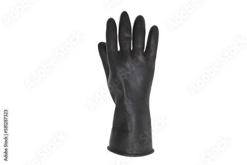 Backside of an isolated hand wearing a black rubber glove with fingers stretched out in front of a white background.