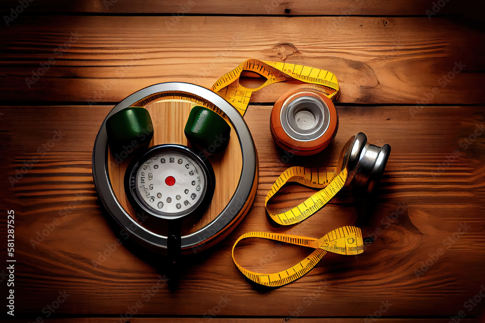 Fitness equipment with stethoscope and measuring tape on wooden surface. Generative Ai Fitness equipment with stethoscope and measuring tape on wooden surface. Generative Ai
