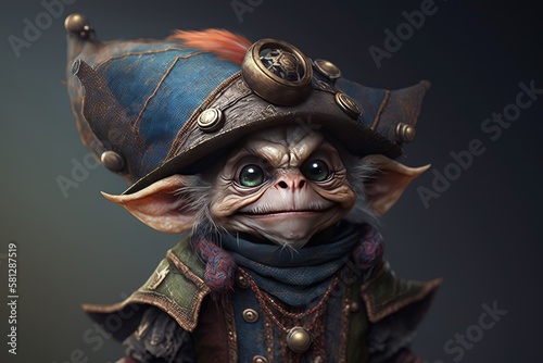 nA grinning goblin in a pointed hat stands alone, hyper-detailed and beautifully color-coded with an epic composition in Unreal Engine 5 , Generative ai