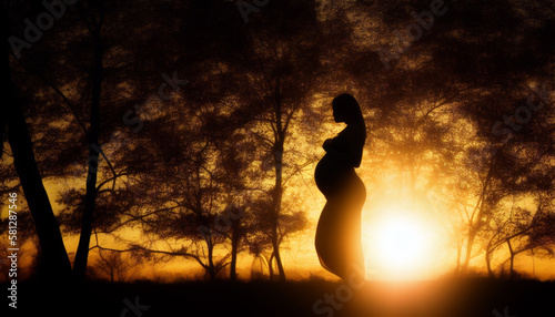 夕陽を背景に散歩する妊婦さんのシルエット Generative AI