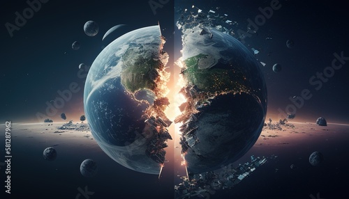 parallel earths colliding apocalypse digital art illustration, Generative AI photo