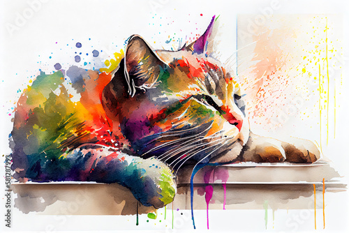 gouache sleeping colorful cat. Generative AI, Generative, AI