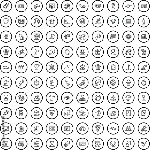 100 soccer icons set. Outline illustration of 100 soccer icons vector set isolated on white background