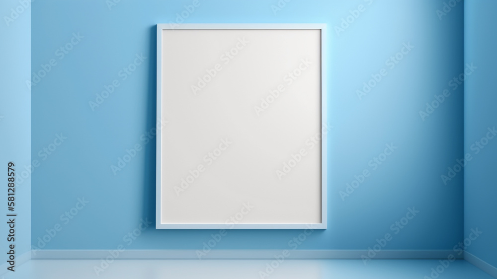 Blank white frame mockup standing at blue pastel wall background. Generative AI Blank white frame mockup standing at blue pastel wall background. Generative AI