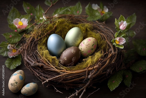 Colorful easter eggs on nest with leaves. Generative AI illustration