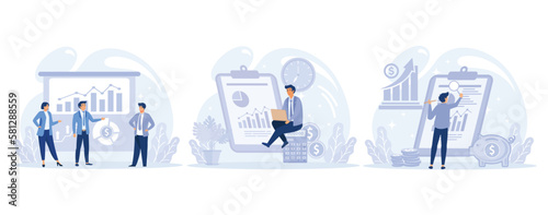 Corporate finance, Financial manager make financial report, working with ledger accounts, professional accountant calculates company risks, set flat vector modern illustration