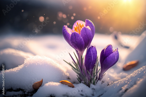 Daisy flowers blooming purple on snow with blurred bokeh background while sunrise. Generative AI illustration © ardanz