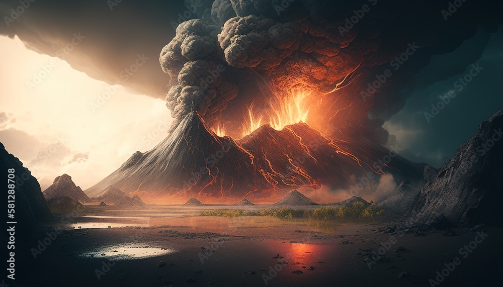 super volcano apocalypse digital art illustration, Generative AI