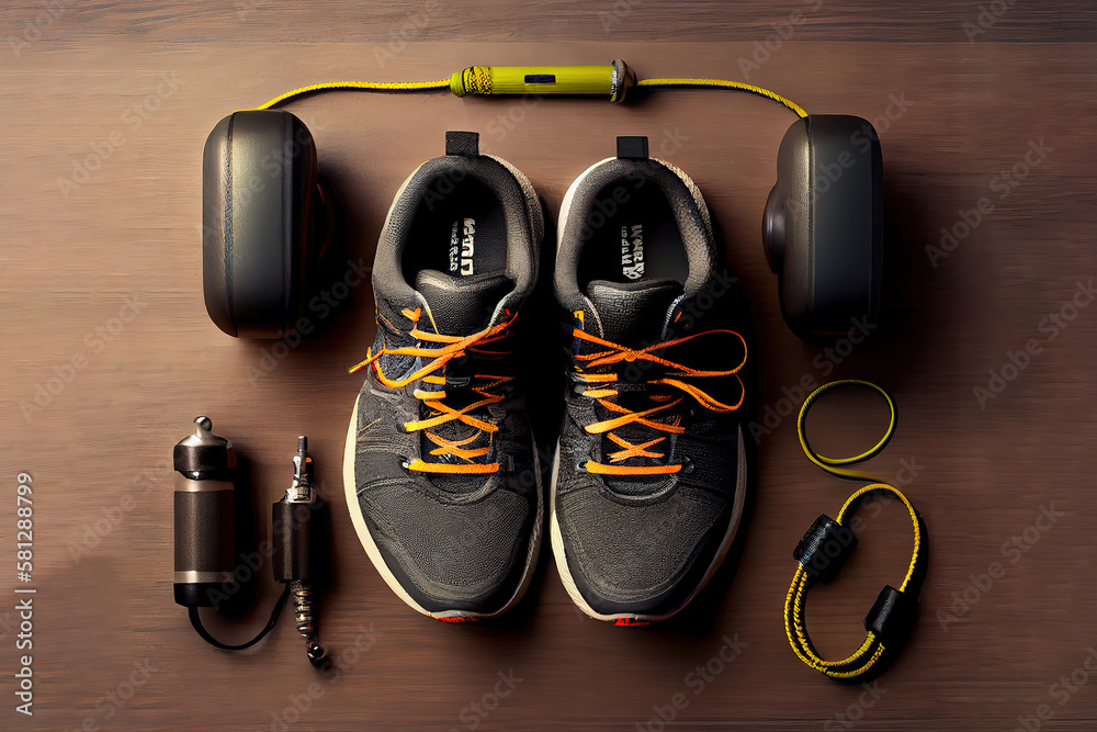 Top view of weights with jump rope and sneakers. Generative Ai Stock  Illustration