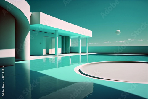 Swimming pool with contemporary architecture. Generative AI illustration © ardanz