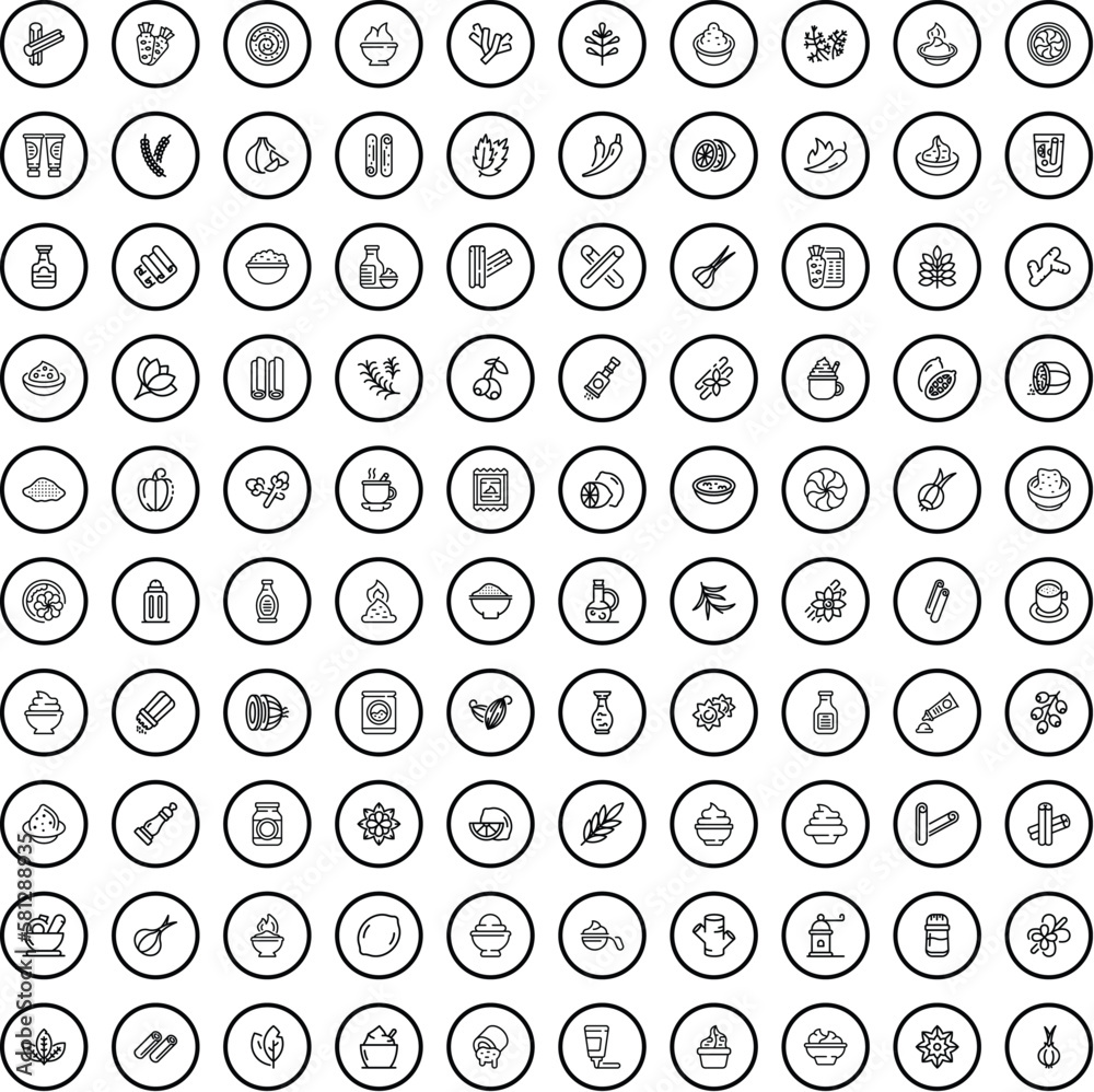 100 spice icons set. Outline illustration of 100 spice icons vector set isolated on white background 100 spice icons set. Outline illustration of 100 spice icons vector set isolated on white background