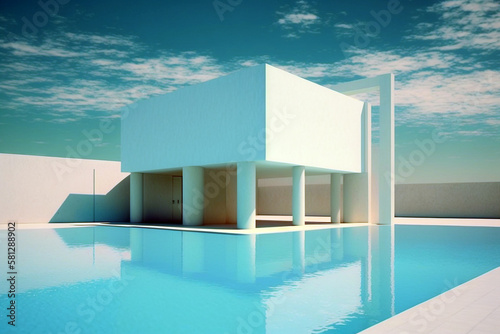 Modern swimming pool with contemporary architecture. Generative AI illustration © ardanz