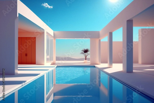 Modern swimming pool with contemporary architecture on sunny day. Generative AI illustration © ardanz