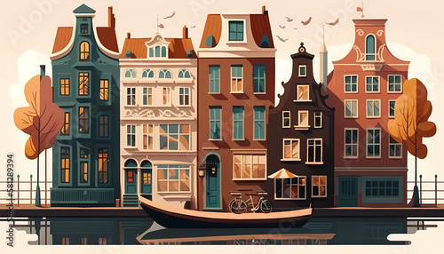 Amsterdam landscape, cute cartoon style. digital art illustration. generative AI.