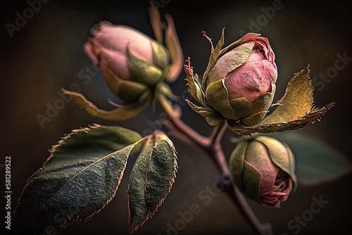 image focusing on a cluster of pink wild rose buds Generative AI
