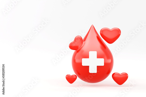 3d red blood drop with white cross sign with copy space background, banner, card, poster concept of world blood donation day. 3D Rendering photo