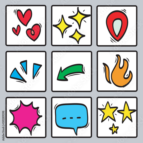 Doodle set colored vector of object symbol boxes.