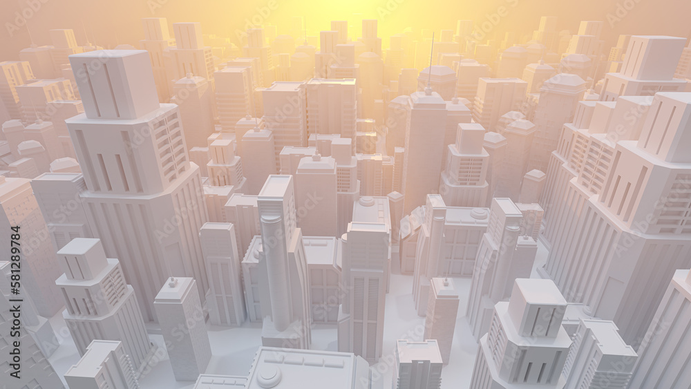 Obraz premium Crowded white city was clouded with dust and smog. Golden light shining from behind. looks like sunrise or sunset. Environment and way of life concept. Minimal style, 3d render.