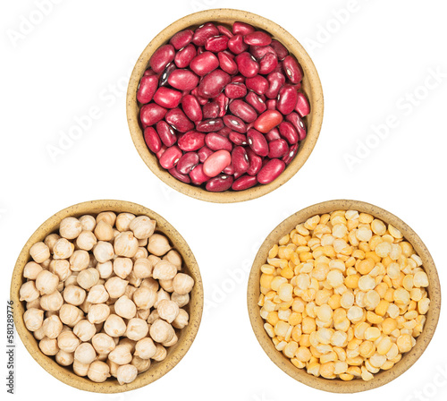 Set of spices, seeds with a high content of antioxidants, minerals and vitamins. Bowls with beans, peas, chickpeas on white background. Top view, flat lay. Alternative medicine.