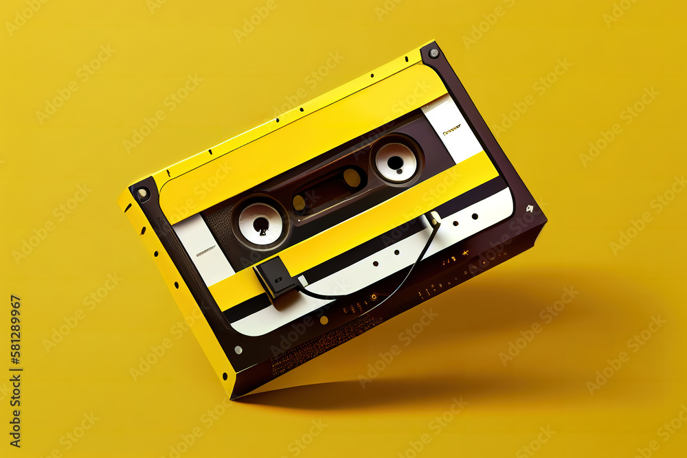 Classic tape cassette with earphone on yellow background. Generative Ai Classic tape cassette with earphone on yellow background. Generative Ai