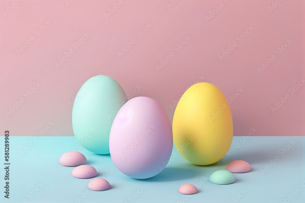 Pastel green purple and yellow easter eggs in a bright spring color theme with candies Pastel green purple and yellow easter eggs in a bright spring color theme with candies
