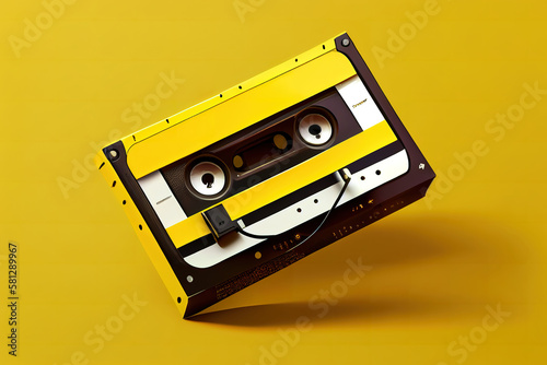 Classic tape cassette with earphone on yellow background. Generative Ai