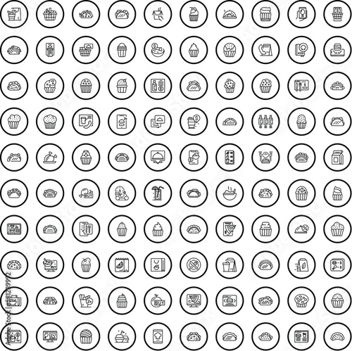 100 tasty food icons set. Outline illustration of 100 tasty food icons vector set isolated on white background