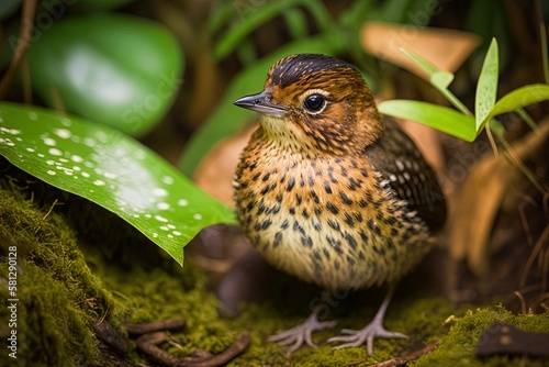 The backdrop is indistinct, but the foreground has a tawny antpitta sitting on some vegetation. Generative AI photo