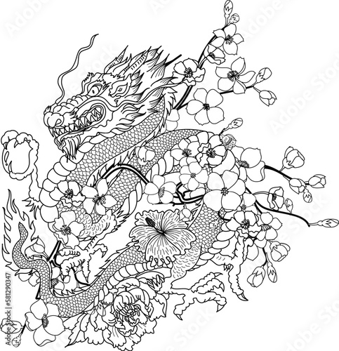 Traditional Japanese dragon with cherry blossom and wave for tattoo design.Hand drawn Chinese dragon for printing on shirt.Beautiful line art of dragon vector for painting on white isolated background