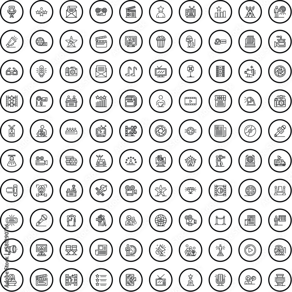 100 television icons set. Outline illustration of 100 television icons vector set isolated on white background